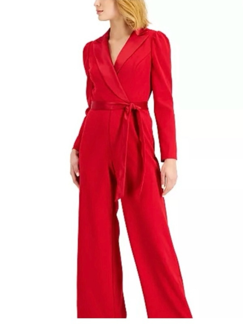 Adrianna Papell Women's Long Sleeve Wide Leg Red Tuxedo Jumpsuit Size 10